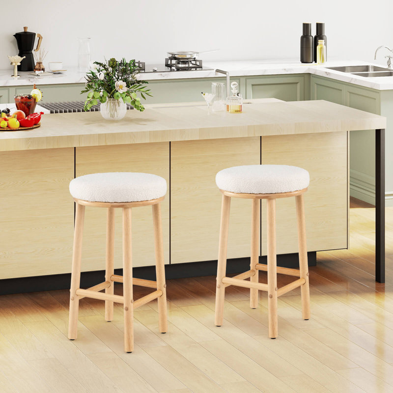 27" Bar Stools Set of 2 Upholstered Barstools with Boucle Fabric Seats Footrests, 2