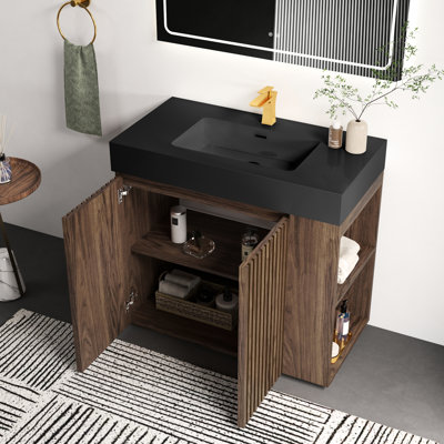 Bathroom Vanity With Walnut Finish, Freestanding, One - Piece Black Quartz Sink, Fluted Detailing, And Tip Wall Mounting For A Stable Attractive Furniture Sink Basin Freestanding Vanity, Adjustable