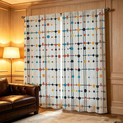Rideaux géométriques abstraits 2 pièces, style Mid-Century moderne, motif de cercles et de lignes rétro, intimité filtrant la lumière, conception à passe-tringle, pour le salon, la chambre à coucher, le balcon, la cuisine