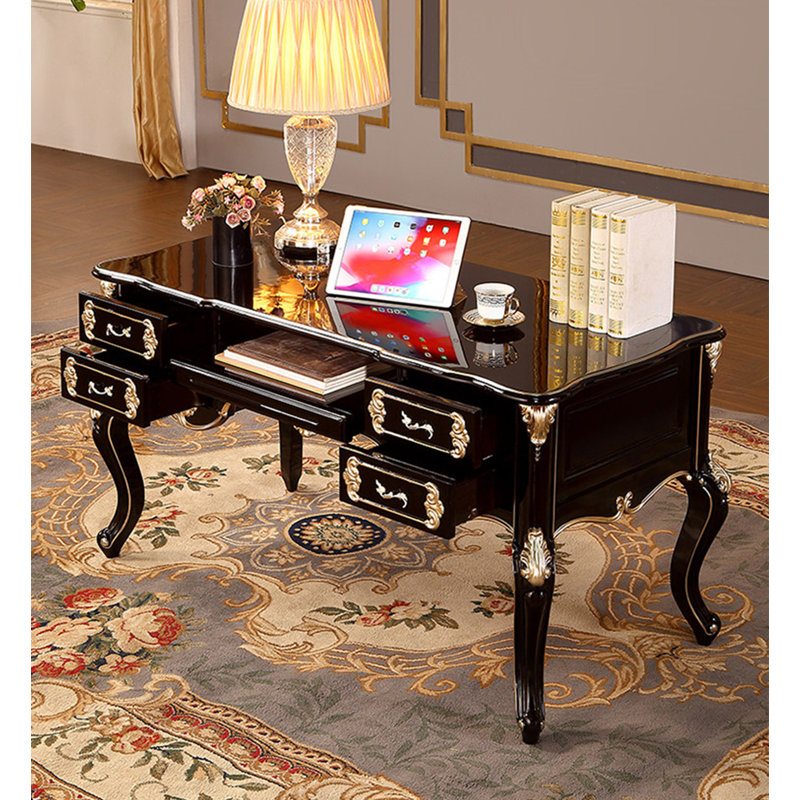 Bureau européen en bois sculpté avec plusieurs tiroirs de rangement, H 31,1 po x l 62,99 po x P 31,5 po