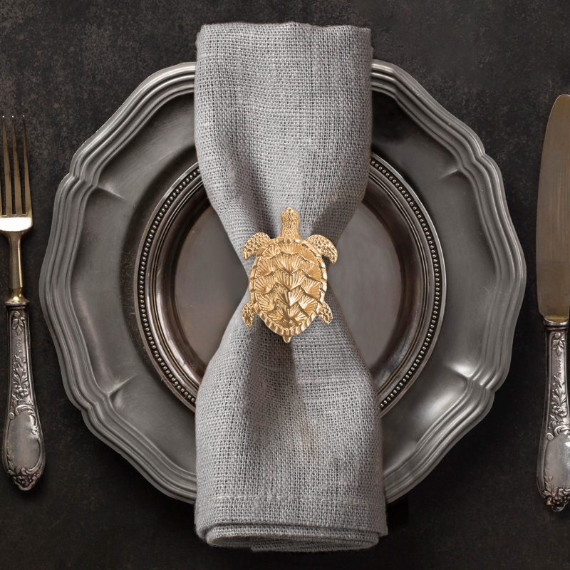 Ensemble de 4 anneaux de serviette en forme de tortue dorée avec coquille stylisée - Décoration de table de Noël élégante