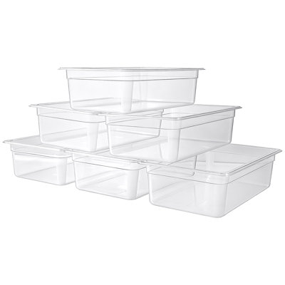 Bacs alimentaires en polycarbonate, grand format, 15 cm de profondeur, transparents, idéaux pour la préparation de repas dans les restaurants, buffets, bars à salades et comme contenants de stockage alimentaire commerciaux. Compatibles lave-vaisselle, empilables, avec graduations.