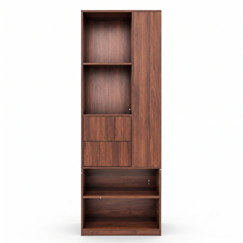 Grande armoire de rangement en noyer avec tablettes ouvertes et 2 tiroirs cannelés