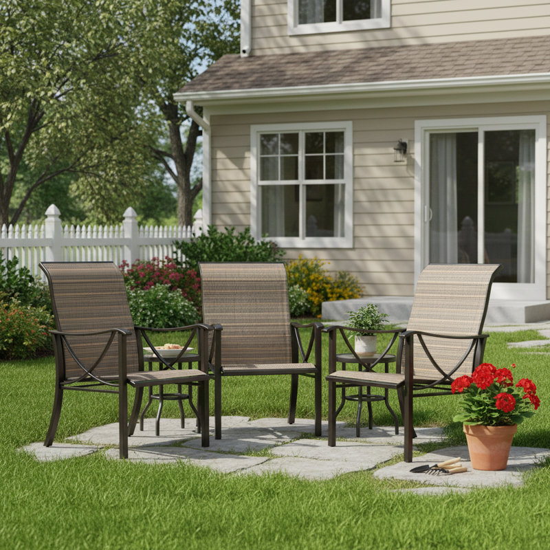 23.4" Wide Powder‑Coated Rust‑Resistant Metal Frame, Breathable PVC-coated polyester Polyester Fabric, Adjustable Feet Outdoor Dining Chair (Set Of 3)