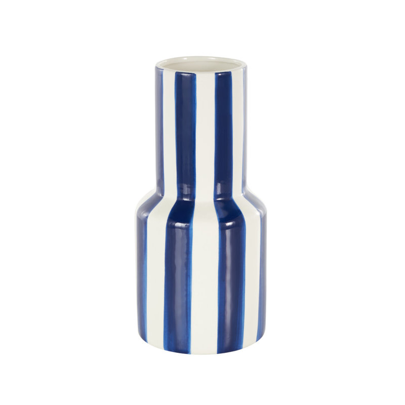 Cole And Grey Ceramic Round Decorative Vase With Black Vertical Stripes, 11.05" H x 5.2" W x 5.2" D, Blue