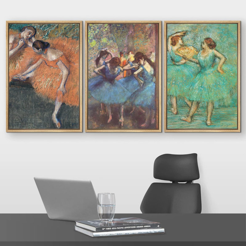 Impression sur toile orange, bleue et verte danseuse de ballet 3 pièces par Edgar Degas, H 36 po x l 24 po x P 1,5 po