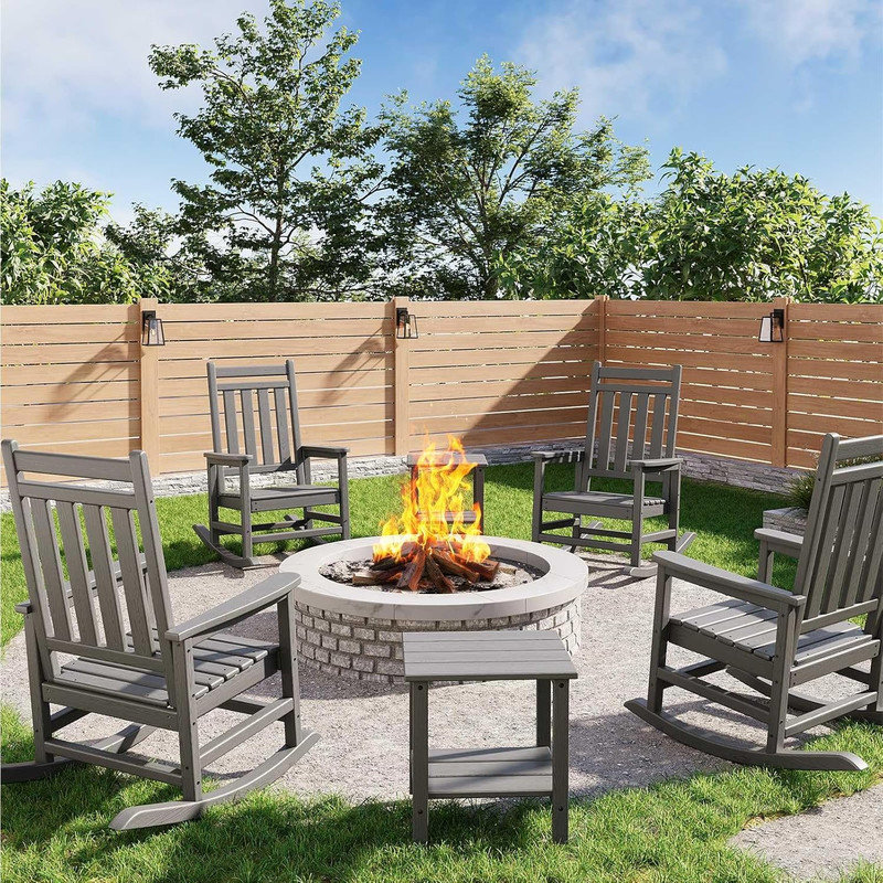Set of 2 HDPE Outdoor Rocking Adirondack Chairs with Side Table, Poly High Back, 350 lbs Capacity All-Weather Patio Furniture for Front Porch, Garden
