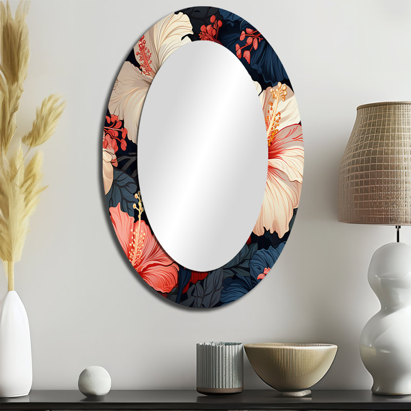 Hibiscus Twilight II motif tropical - Miroir décoratif floral ovale sur métal, H 36 po x l 24 po
