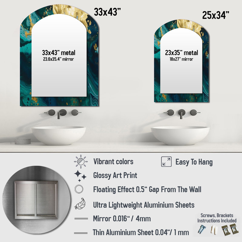Teal and Gold Liquid Magic I - Large Arched Wall Mirror On Metal, 34 po x 25 po