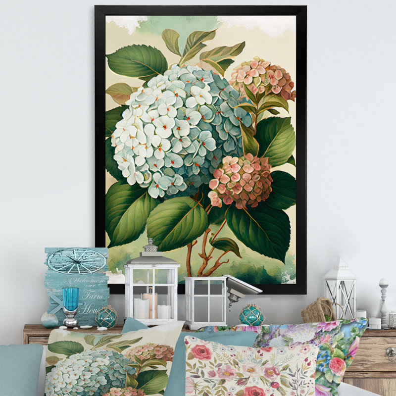 Hydrangena bleu rétro II - art mural floral, Impression noire sur toile encadrée, H 20 po x l 12 po x P 1 po