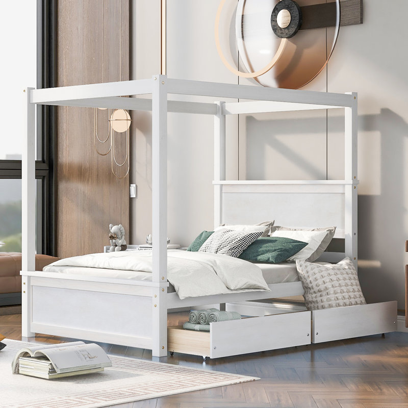 Lit plateforme double à baldaquin, aucun sommier requis, blanc brossé, avec 2 tiroirs pour un cadre de lit moderne peu encombrant, facile à assembler, pratique