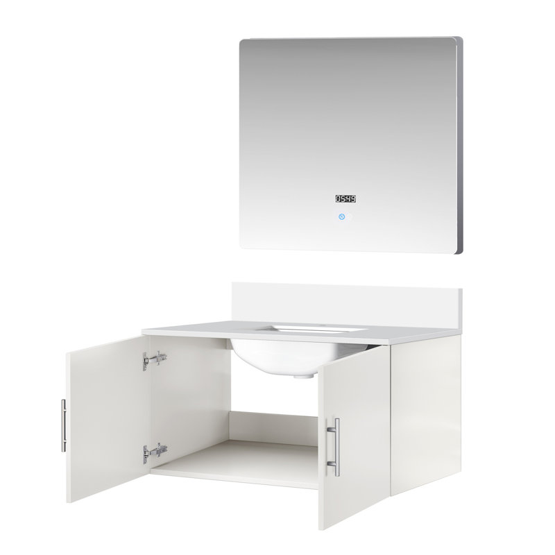 Meuble-lavabo blanc brillant avec comptoir en quartz Miroir à DEL - Armoire de rangement spacieuse et durable pour salle de bain
