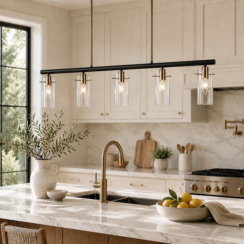 Marrie 5-Light Black & Gold Linear Chandelier with 12 Height Adjustable Rods for Kitchen Island, Matte Black/Gold
