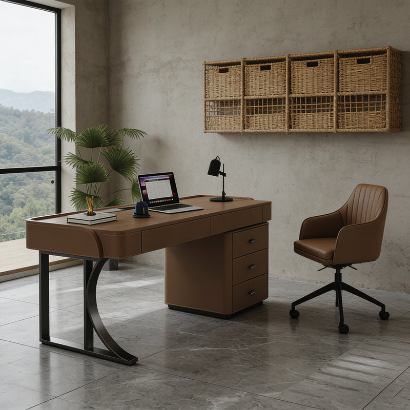 Bureau d'écriture italien rétro avec accents en cuir, table d'écriture pour bureau à domicile