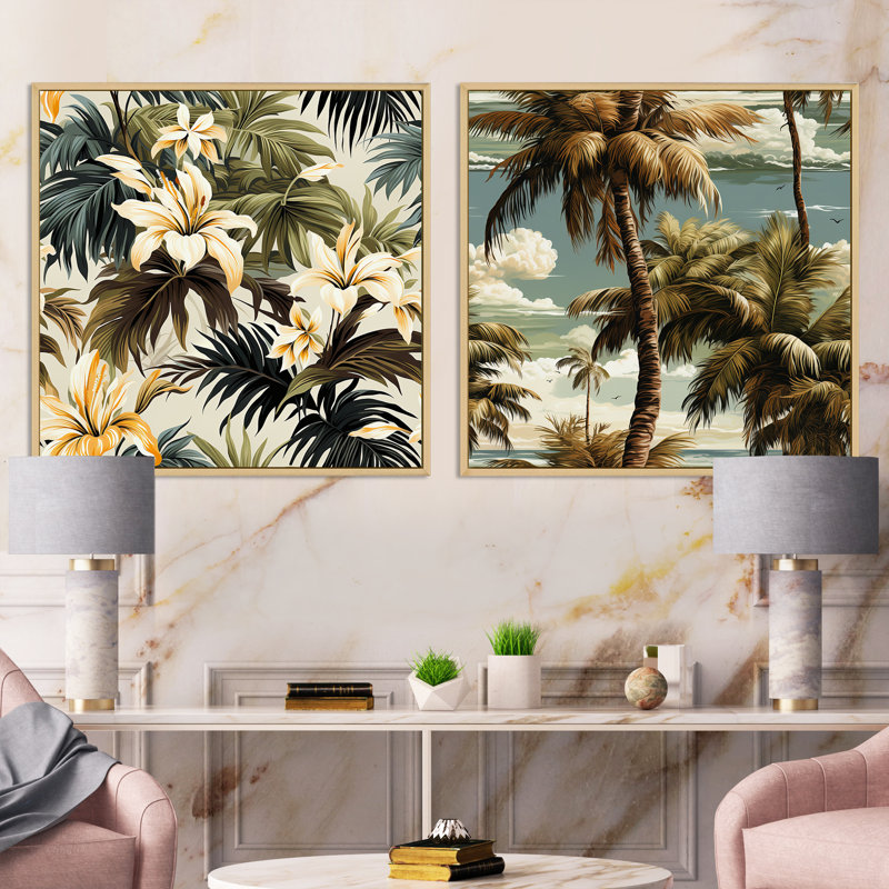 Coconut Grove - motif tropical - ensemble de 2 collages carrés tropicaux, Cadre flottant brun, H 30 po x l 61 po