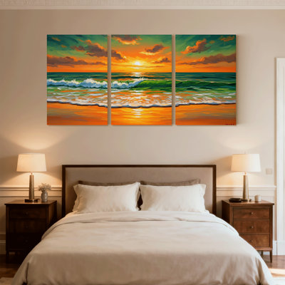 Nautique et plage coucher de soleil océan vagues plage ciel nuages couleurs ensemble de 3 impressions d'art sur toile