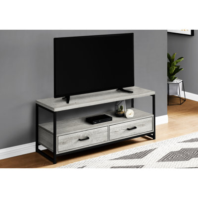 Modern Tv Stand 48 Inch, Grey Laminate & Metal, 2 Storage For Media Equipment In Living Room Bedroom 48-Inch Stand, Surface, Black Metal Base, 2 Drawers Entertainment Use