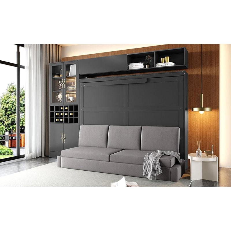 Grand lit mural avec tablettes, gris, multifonctionnel et peu encombrant pour les maisons compactes, dans de bons petits appartements