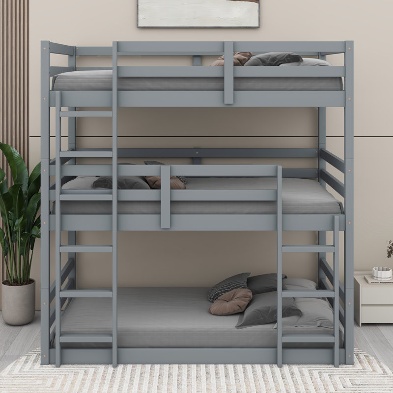 Lit superposé détachable en bois d'hévéa triple avec échelles et garde-corps, Gris