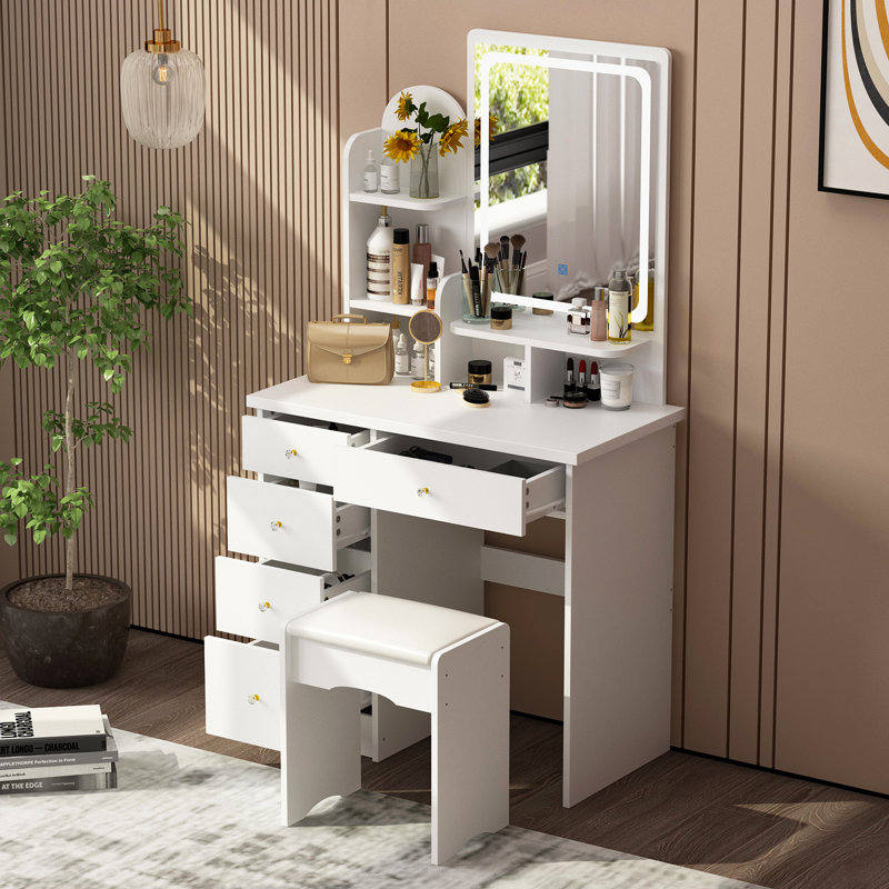 31.5" W Makeup Vanity Set with 3-Color LED Lighted Mirror and 5 Storage Drawers , Ivory White