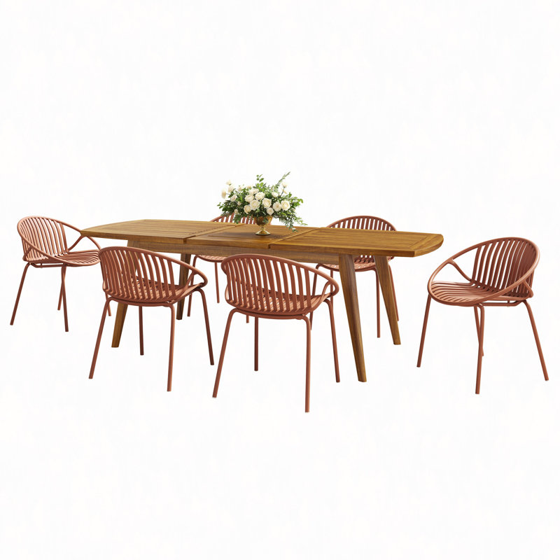Ensemble de salle à manger d'extérieur moderne 7 pièces avec chaise empilable 7 pièces, Orange
