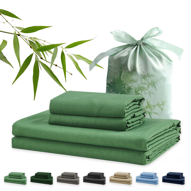 4 Piece Queen Size Sheet Set, 100% Rayon Derived from Bamboo Sheet Set, Cooling & Breathable, Luxury Silky Soft, Deep Pocket up to 16", Green