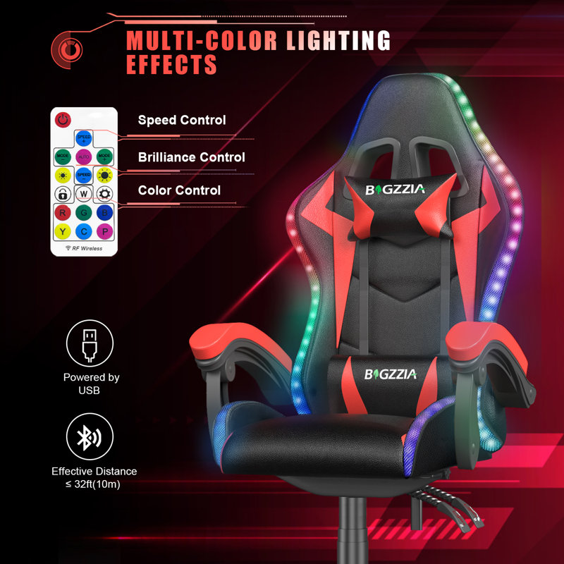 Reclining Gaming Chair with LED Lights and Headrest, Black/Red