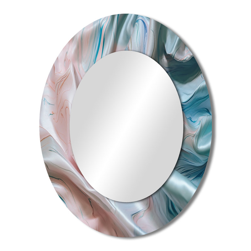 «Pink Blue Dancing Colors II» - Miroir décoratif ovale abstrait sur métal, 43 po x 33 po