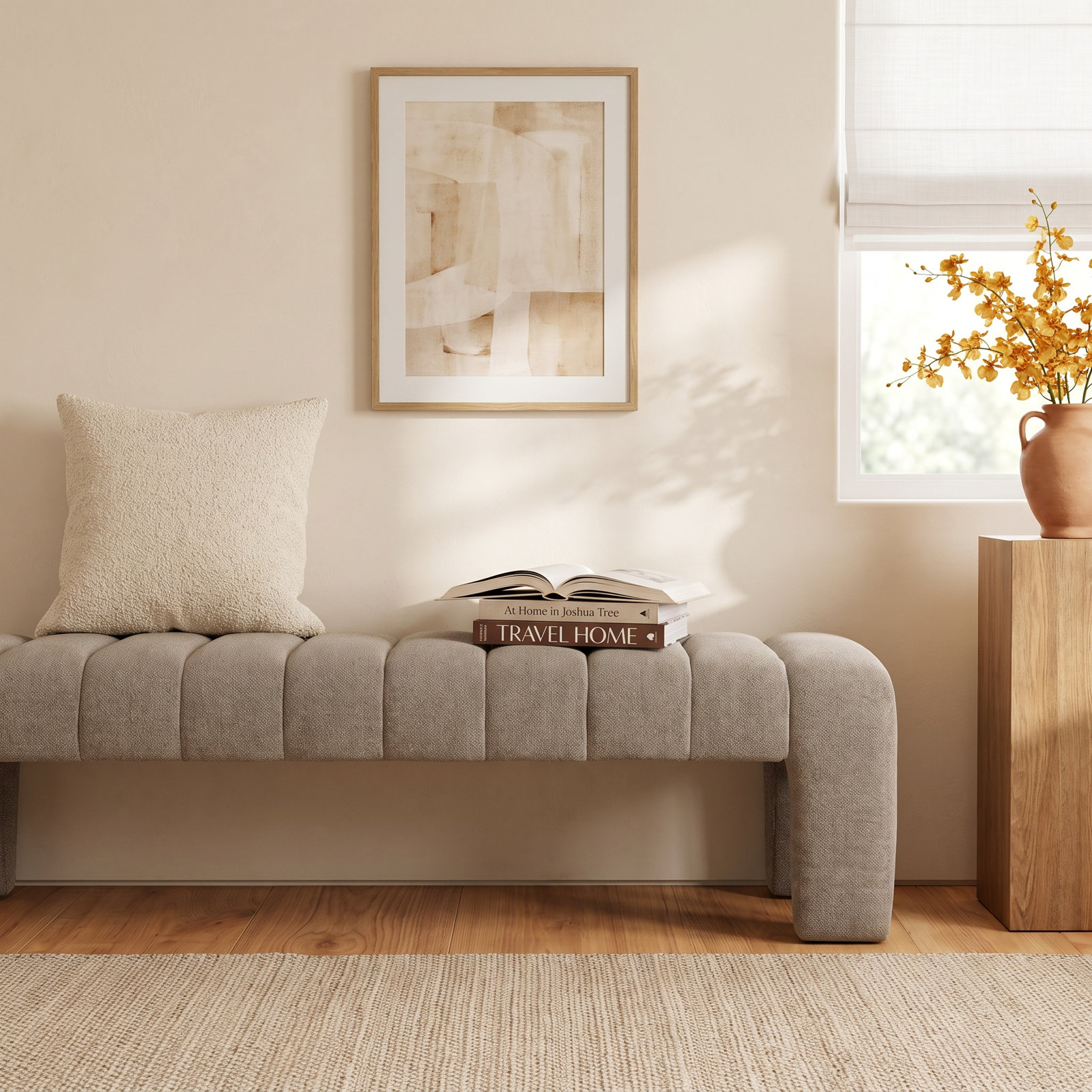 Gliese 63" Velvet Bedroom Bench, Taupe Boucle