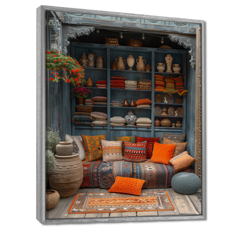 Orange bleu bohémien bazar Boho - art mural du Maroc, salon, H 44 po x l 34 po x P 1,5 po, Encadrement argenté