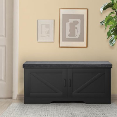 Banc de rangement à 2 niveaux, banc à chaussures de 39,4 po de largeur avec coussin de siège rembourré, banc d'entrée avec 2 portes de grange et tablette réglable, noir