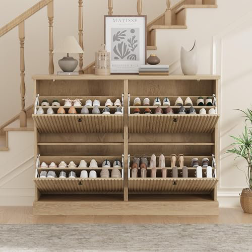 Range-chaussures avec 4 tiroirs inclinables, range-chaussures cannelé en bois avec tablette réglable, range-chaussures autoportant
