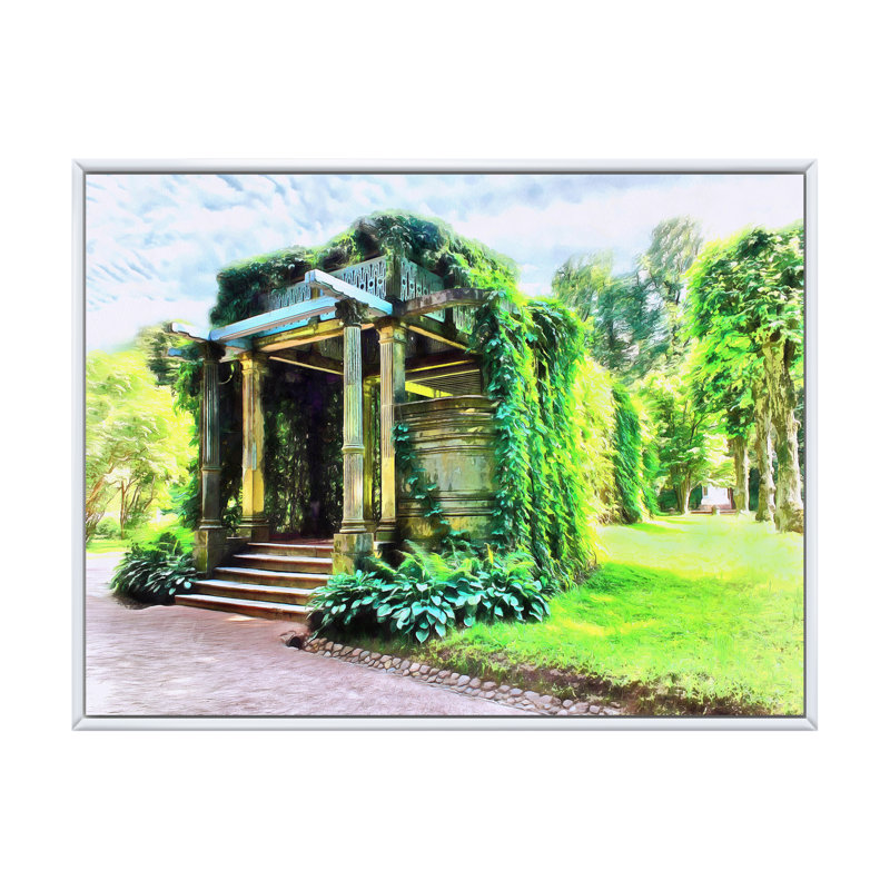 Pergola envahie par le vert - peinture sur toile, H 34 po x l 44 po x P 1,5 po, Cadre flottant blanc