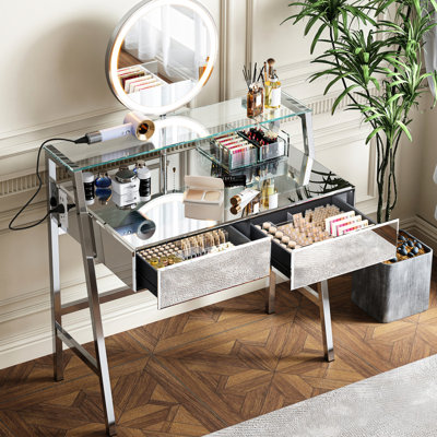 Table de coiffeuse à miroir argenté avec lumières DEL et miroir, 2 tiroirs spacieux, tablette ouverte, point de charge de la chambre à coucher, lumières de bureau de maquillage 33,9 po, station pour grands tiroirs