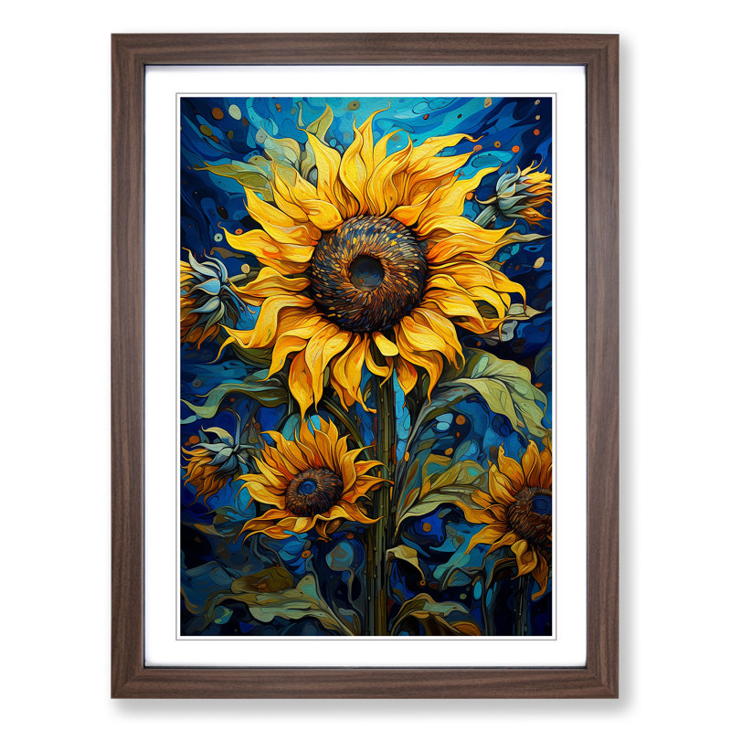 Sunflower Expressionism - Single Picture Frame Print on Wood, 34cm H x 25cm W x 2cm D, Walnut