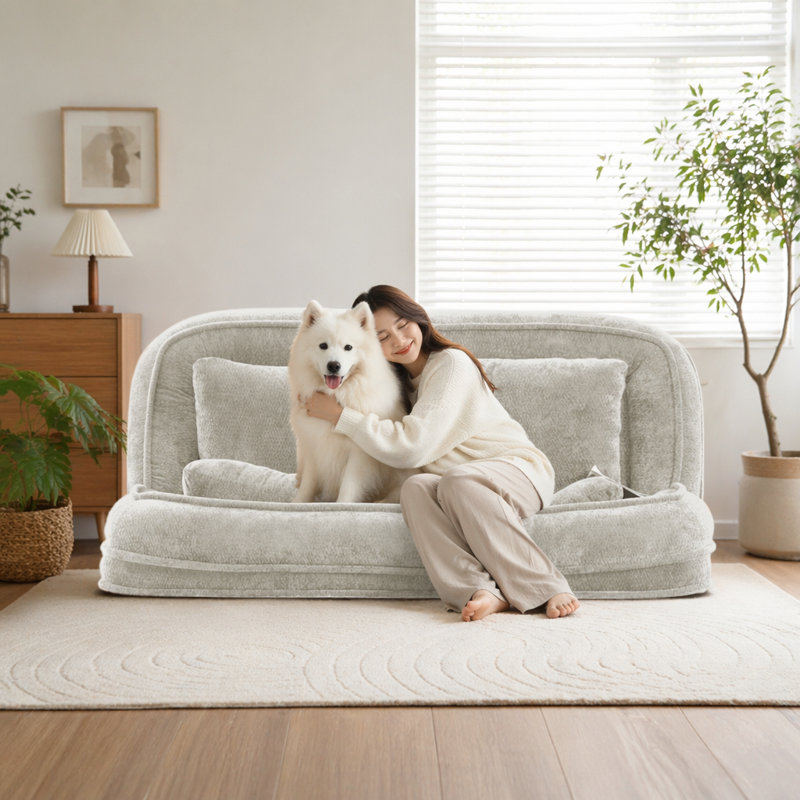 Lit double pour chien, canapé paresseux, 5 positions réglables, 2 sièges, chenille, Beige