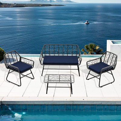 Mobilier d'extérieur pour 4 personnes - coussins amovibles bleus, tissés à la main, cadre en acier thermolaqué pour la cour arrière et balcons, 4 housses de coussin modernes, diverses occasions