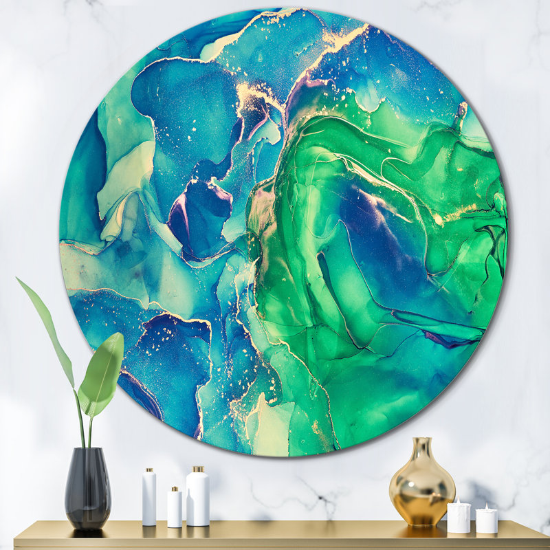 Bleu et vert, art liquide abstrait I - art mural moderne en métal, H 36 po x l 36 po x P 1 po