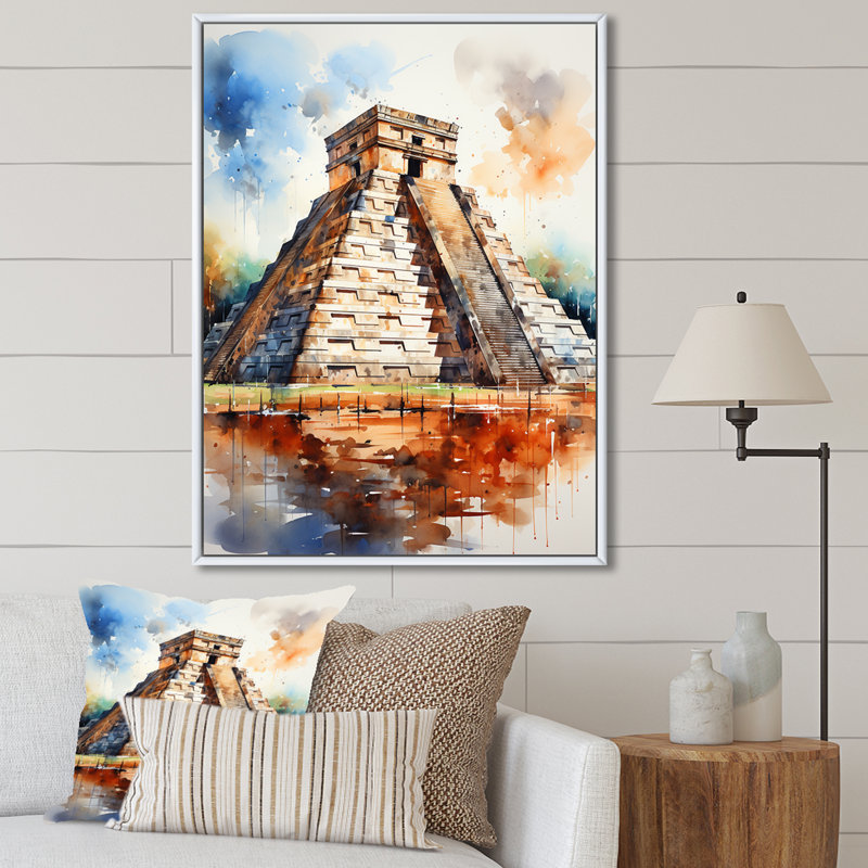 Chichen Itza, art mexicain III - art mural mexicain, H 20 po x l 12 po x P 1 po, Cadre flottant blanc