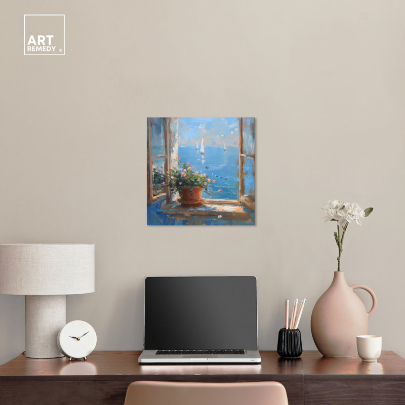 Coastal Window View Blue and Brown Canvas Landscape Art, 30" x 30"