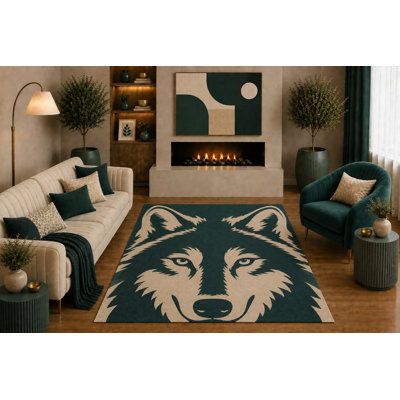 Tapis ultra-léger 152 x 213 cm (5 pi x 7 pi) à motif tête de loup, style minimaliste et moderne, idéal pour le salon, la chambre, le bureau ou un chalet. Dos en silicone antidérapant. Poils courts.