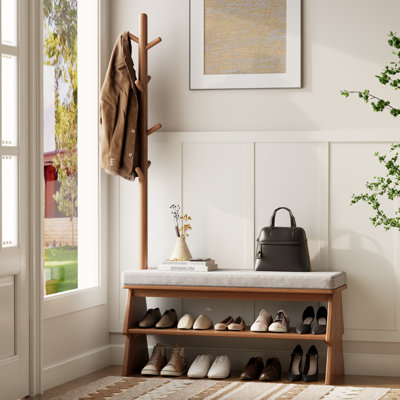 Solid Wood Entryway Bench with Integrated Shoe Rack & Coat Hooks – Angled Side Design