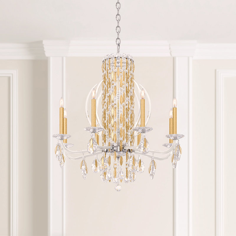 Siena 8 Light 30in x 31in Chandelier with Crystal Tusks in White with Clear Radiance Crystals, Czech, Heirloom Gold