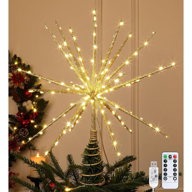 Lighted Starburst Christmas Tree Topper, Gold Moravian Star with 150 LED Lights, Remote, Timer and 8 Light Modes