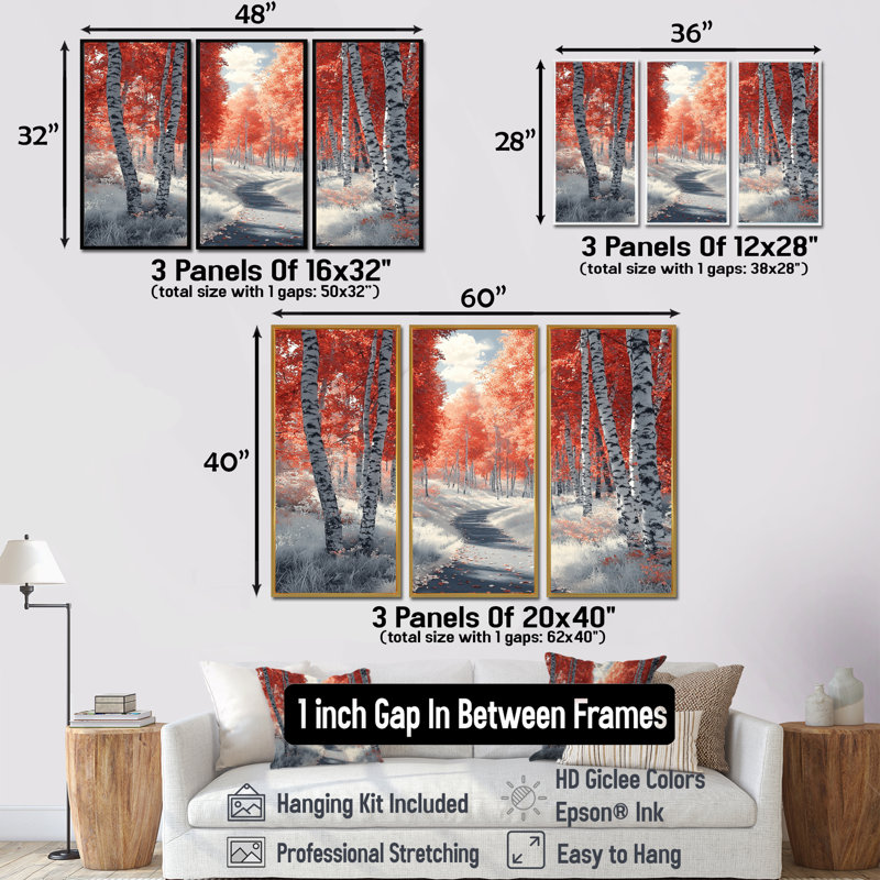 Hiver, bouleaux rouges, forêt, Panorama I - ensemble de décoration murale forêt, Toile encadrée flottée blanche