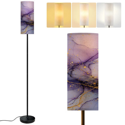  68.5" Standing Floor Lamp Purple lavender liquid watercolor golden lines Pastel violet marble Dimmable Metal Pole Lamp with Linen Lampshade LED Bulb Included