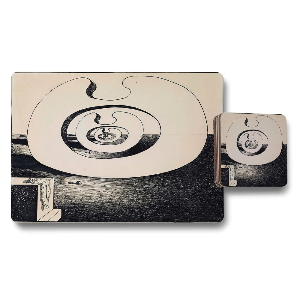 Abstract Spiral Placemat And Coaster Set Monochrome Art