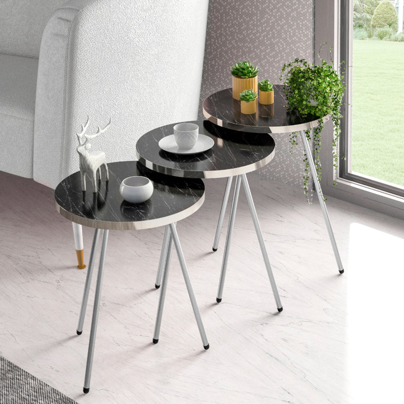 Ensemble de tables basses 3 pièces Etholle, Noir / argent