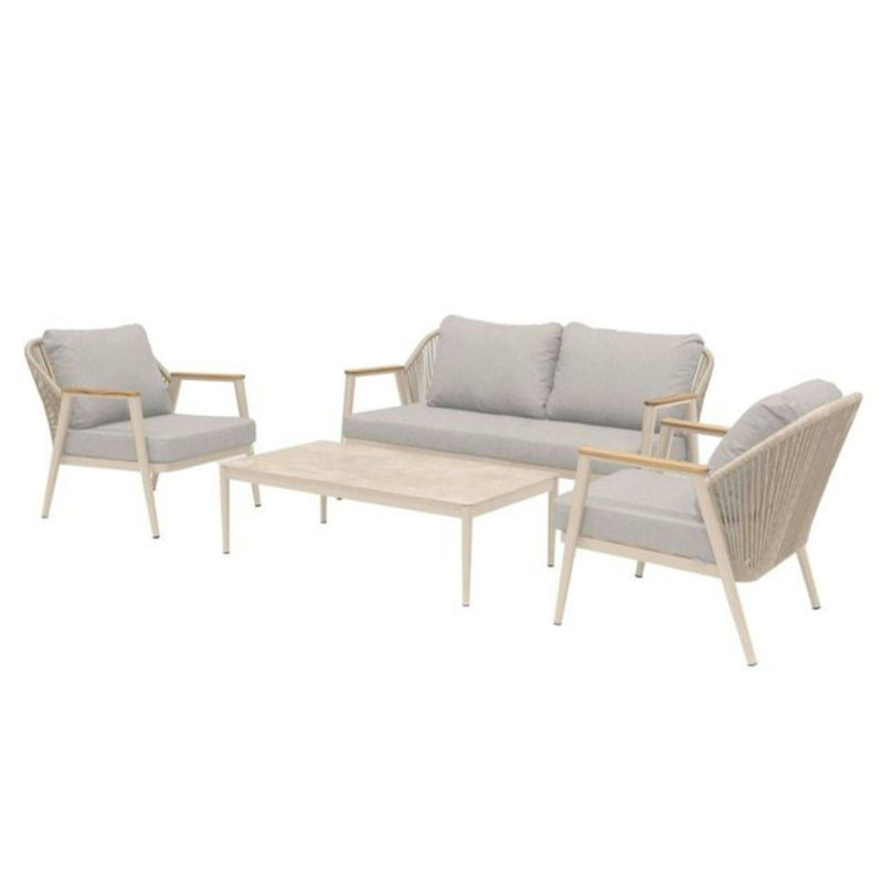 Antibes 2 Seater Sofa with Rectangle Coffee Table & 2 Armchairs, Cream Cushion/Cream Frame