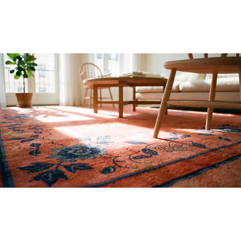 Coral / Salmon Pink 1920s Wool Antique Square Hand Knotted Pile Floral Rug